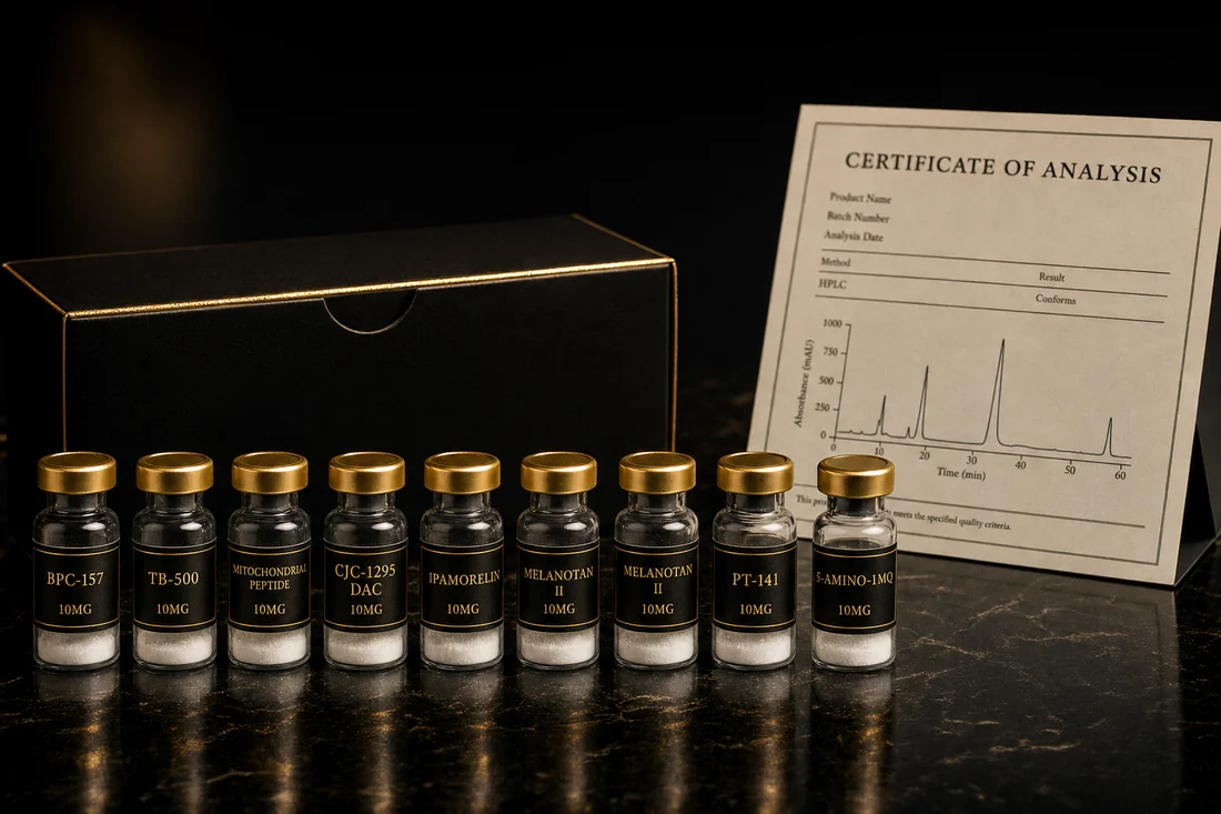Peptidemaxxing — lyophilized research vials alongside a certificate of analysis